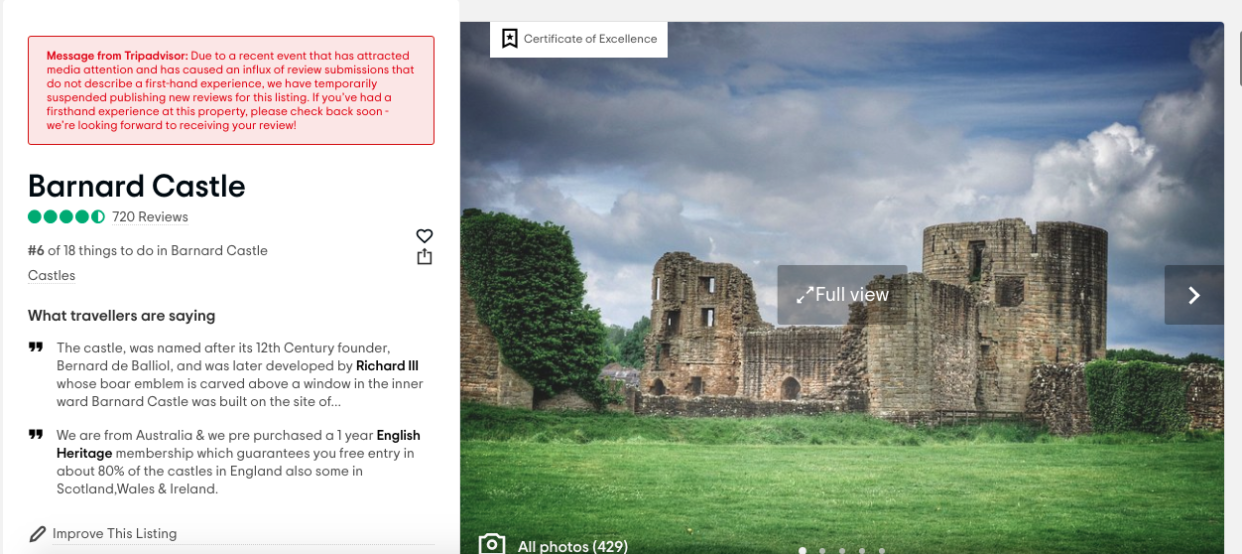 Trip Advisor's Barnard Castle page has been suspended after it was flooded with mock reviews following controversy over Dominic Cummings. (Trip Advisor)