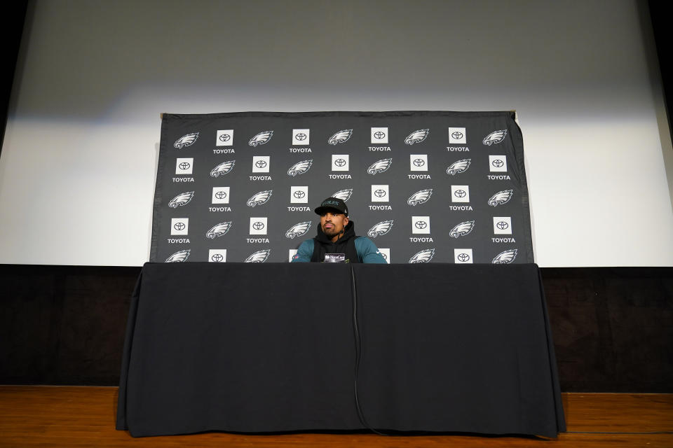 Philadelphia Eagles' Jalen Hurts listens to a question during a news conference at the NFL football team's training facility, Thursday, Feb. 2, 2023, in Philadelphia. The Eagles are scheduled to play the Kansas City Chiefs in Super Bowl LVII on Sunday, Feb. 12, 2023. (AP Photo/Matt Slocum)