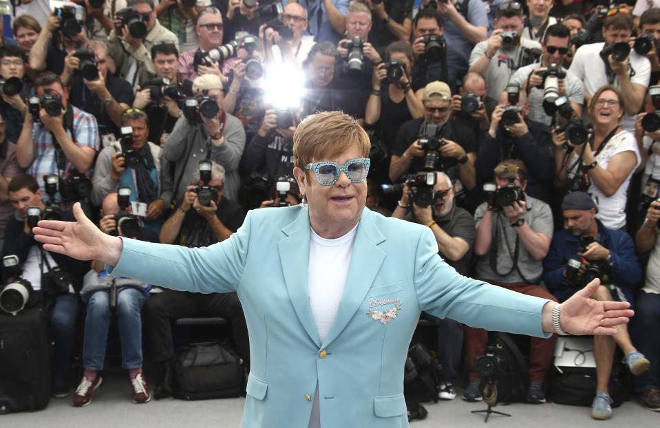 Singer Elton John poses for photographers at the photo call for the film 'Rocketman' at the 72nd international film festival, Cannes, southern France, Thursday, May 16, 2019. (Photo by Joel C Ryan/Invision/AP)