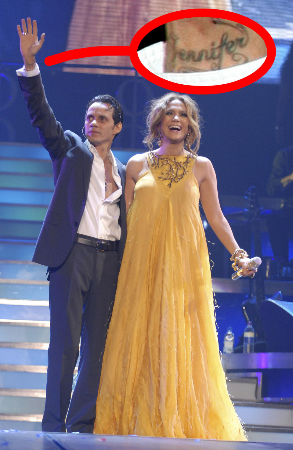 Marc Anthony and Jennifer Lopez on stage with a zoomed in look of his "Jennifer" tattoo