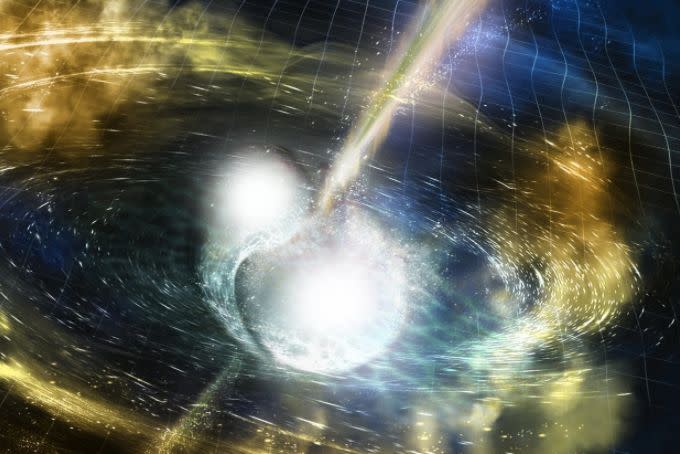 An artist's rendering of two merging neutron stars depicts gravitational waves rippling outward, while gamma rays burst&nbsp;out seconds later. (Photo: NSF/LIGO/Sonoma State University/A Simonnet/Reuters)