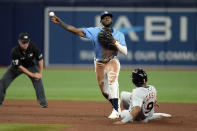 Tampa Bay Rays second baseman Vidal Brujan forces Detroit Tigers' Willi Castro (9) at second base on a fielder's choice by Javier Baez during the eighth inning of a baseball game Monday, May 16, 2022, in St. Petersburg, Fla. (AP Photo/Chris O'Meara)