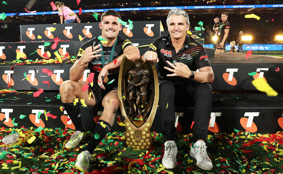 Nathan Cleary and father Ivan, pictured here with the NRL premiership trophy.
