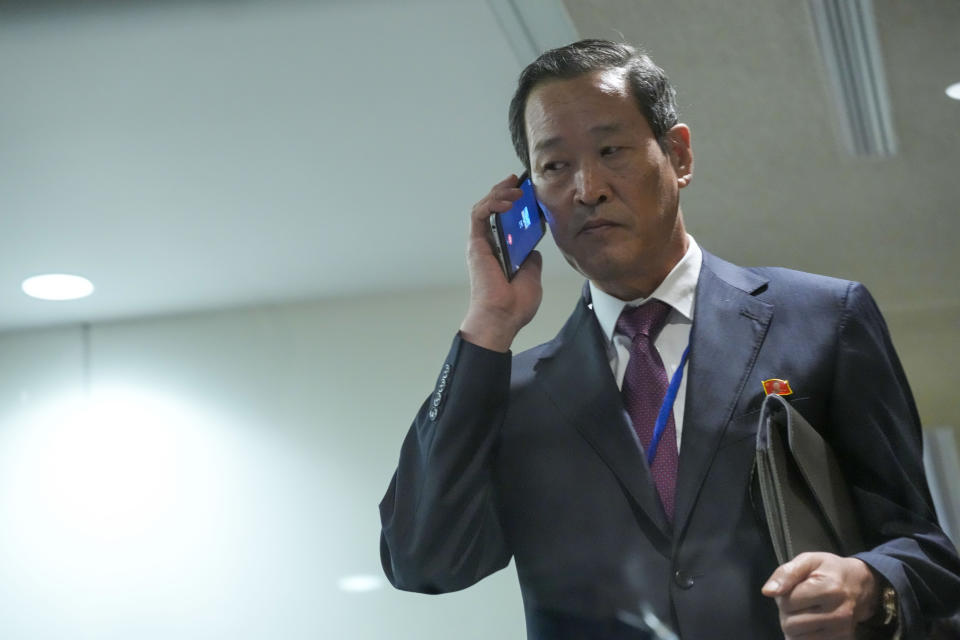 North Korean Ambassador to the United Nations Kim Song talks on his phone after leaving a Security Council meeting on Non-proliferation/North Korea, Thursday, July 13, 2023, at United Nations headquarters. (AP Photo/Mary Altaffer)