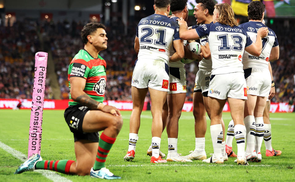 Latrell Mitchell, pictured here after a Cowboys try against the Rabbitohs.