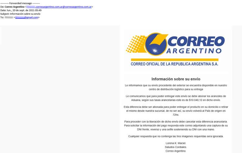 Ejemplo de phishing que afectó al Correo Argentino.