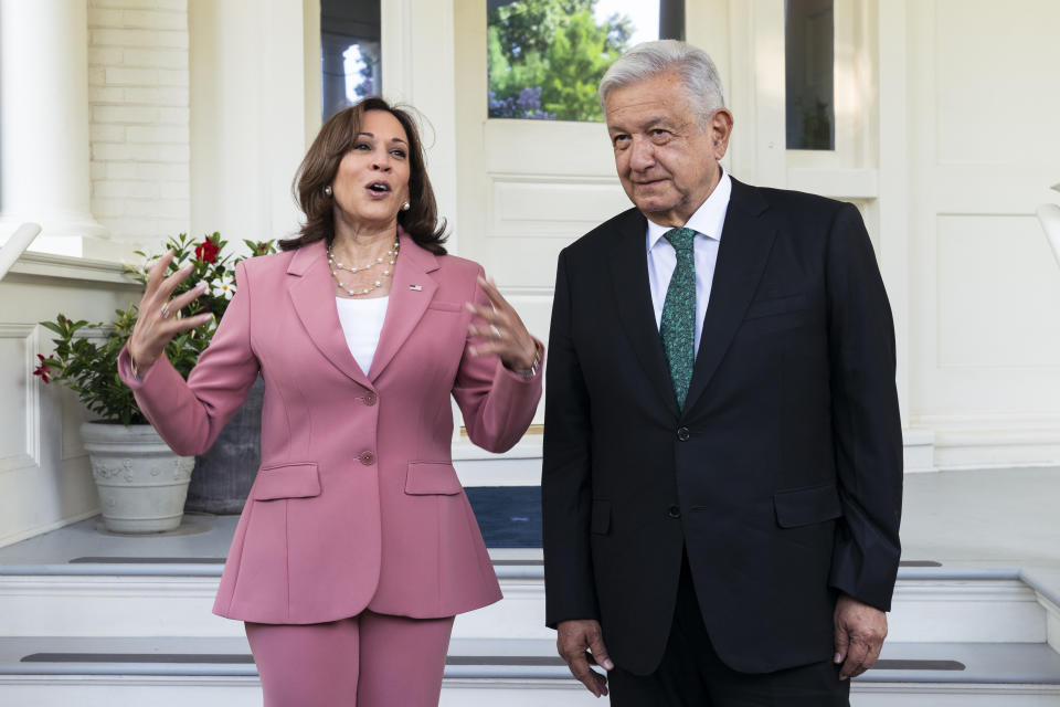 Vice President Kamala Harris welcomes Mexican President Andres Manuel Lopez Obrador, at the vice president's official residence in Washington, Tuesday, July 12, 2022. (AP Photo/Manuel Balce Ceneta)