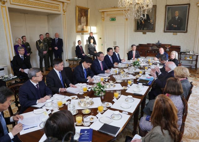 Chinese premier Li Qiang during his meeting with President Michael D Higgins and his wife Sabina at Aras an Uachtarain in Dublin during his two-day visit to Ireland