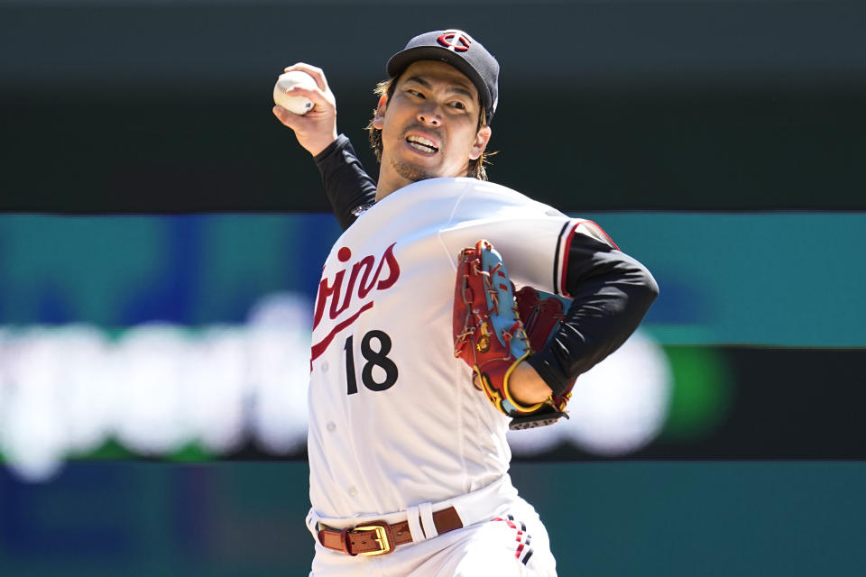 Minnesota Twins starting pitcher Kenta Maeda (18) delivers during the first inning of a baseball game against the New York Yankees, Wednesday, April 26, 2023, in Minneapolis. (AP Photo/Abbie Parr)