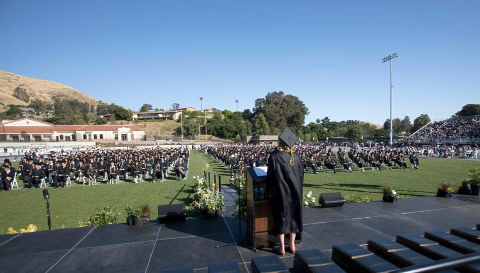 San Luis Obispo High School celebrated the achievements of its graduating Class of 2024 during a commencement ceremony on Friday, June 7, 2024. ASB president, Lyla Merk, gives her address in front of her classmates.