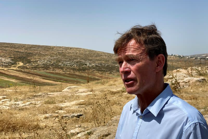 Sven Kuehn von Burgsdorff, the EU 's representative to the West Bank and Gaza, speaks with Reuters during a diplomatic tour of Palestinian villages, near al-Mughayyir in the Israeli-occupied West Bank