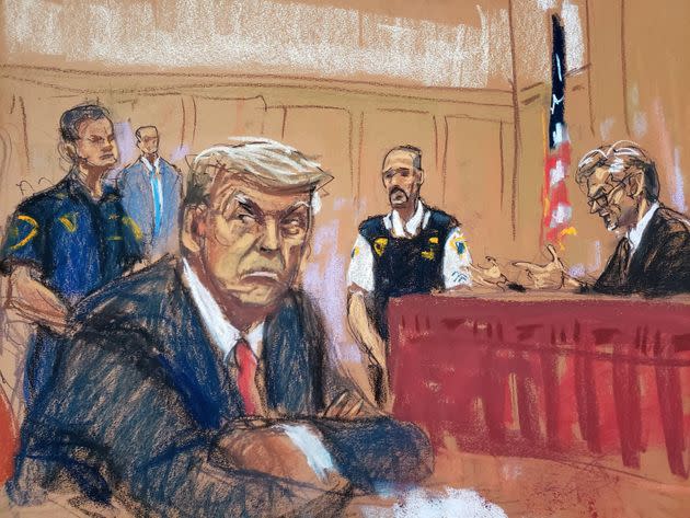 Former President Donald Trump appears in court for an arraignment in New York City, April 4, in this courtroom sketch.