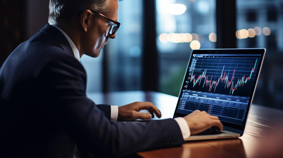 A financial analyst working on a laptop, analyzing assets of a middle market company.