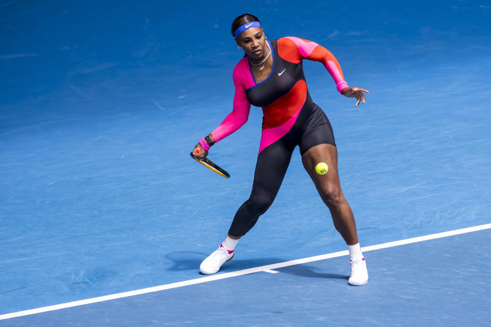 MELBOURNE, VIC - FEBRUARY 08: Serena Williams of the United States of America returns the ball during round 1 of the 2021 Australian Open on February 8 2020, at Melbourne Park in Melbourne, Australia. (Photo by Jason Heidrich/Icon Sportswire via Getty Images)