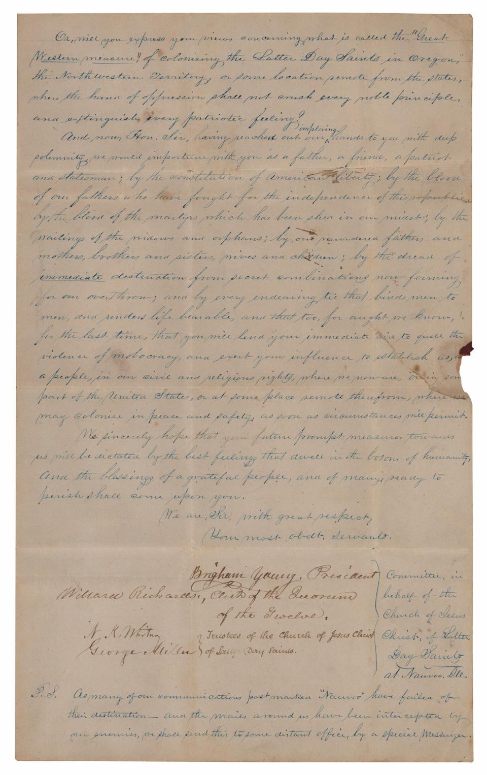 Photograph of the signatures on the letter from Brigham Young and other church leaders to Gov. Steele. 