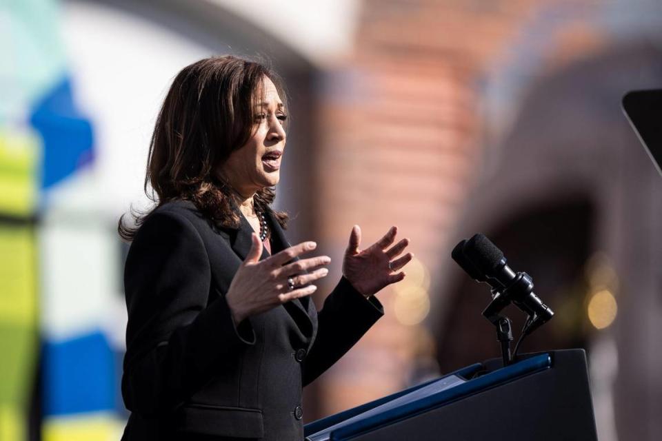 Vice President Kamala Harris speaks at the Charlotte Area Transit Center in Charlotte, N.C., on Thursday, December 2, 2021.