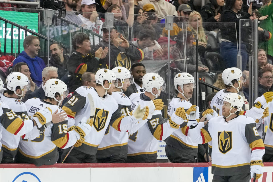 Vegas Golden Knights right wing Jonathan Marchessault (81) celebrates after scoring a second goal against the New Jersey Devils during the second period of an NHL hockey game, Monday, Jan. 22, 2024, in Newark, N.J. (AP Photo/Mary Altaffer)