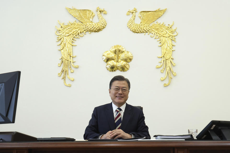 South Korean President Moon Jae-in is pictured at the presidential Blue House in Seoul, South Korea, Tuesday, Feb. 8, 2022. Moon, in his final months in office, has expressed concern over North Korea's expanding weapons program and the possibility it could resume nuclear and long-range missile tests that would revive fears of war in the region. (Joint Press Photo/Pool Photo via AP)