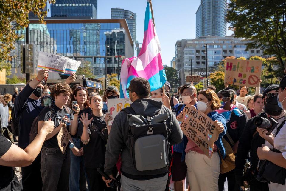 SOGI supporters confront an anti-SOGI protester in Vancouver, B.C, on Wednesday, September 20, 2023.