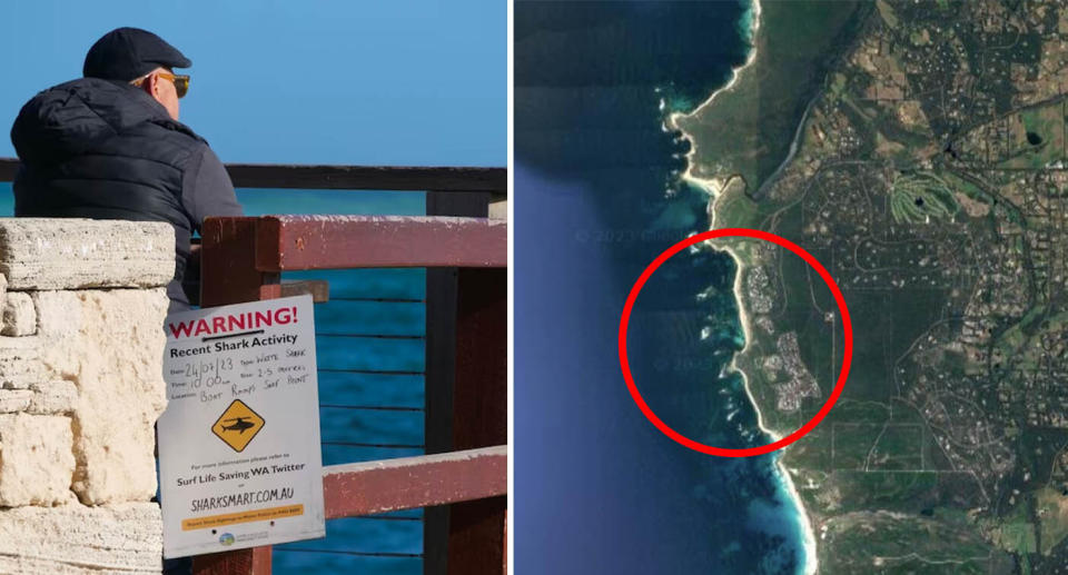 Left: A sign advising swimmers of a shark attack on a WA beach. RIGHT: A google maps image of the beach.