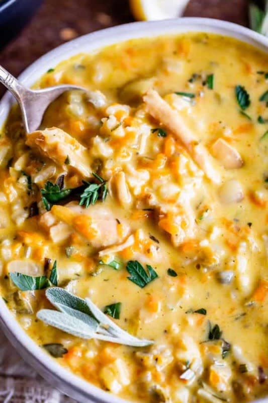 <p>The Food Charlatan</p><p>Use your leftover turkey and herbs from Thanksgiving to make a satisfying and healthy soup. </p><p><strong>Get the recipe: <a href="https://thefoodcharlatan.com/turkey-wild-rice-soup/" rel="nofollow noopener" target="_blank" data-ylk="slk:Turkey Wild Rice Soup;elm:context_link;itc:0;sec:content-canvas" class="link rapid-noclick-resp">Turkey Wild Rice Soup</a></strong></p>