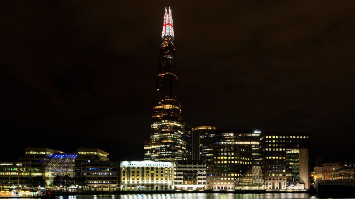 The Shard with the cross of St George in lights across the top