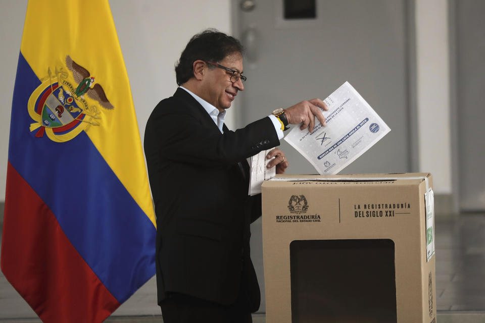 Colombia's President Gustavo Petro votes in local and regional elections in Bogota, Colombia, Sunday, Oct. 29, 2023. (AP Photo/Ivan Valencia)