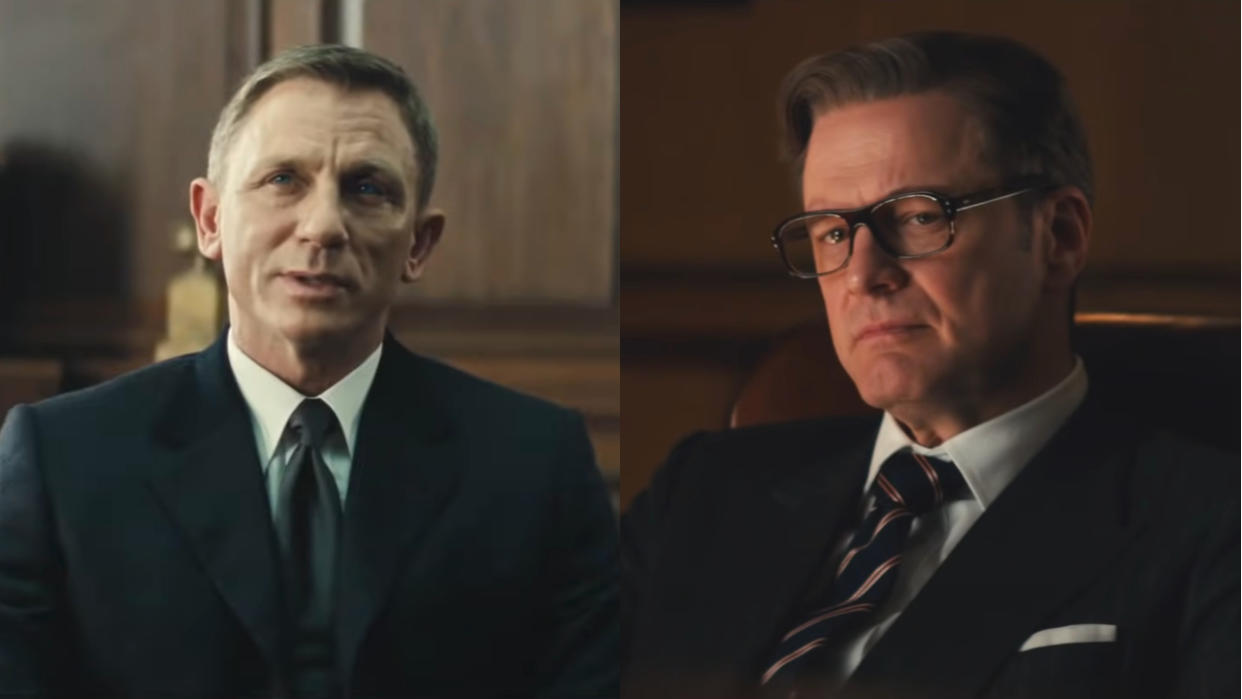  Daniel Craig sitting in Spectre and Colin Firth sitting in Kingsman: The Secret Service, pictured side by side. 