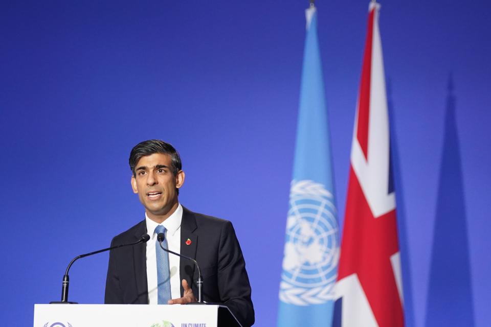 Rishi Sunak speaking at the Cop26 summit at the Scottish Event Campus (SEC) in Glasgow (PA)