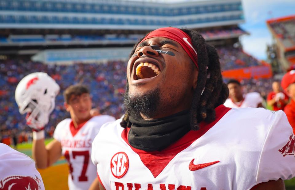 Arkansas Razorbacks defensive back Lorando Johnson (1) celebrates after defeating the Florida Gators in overtime at Steve Spurrier Field at Ben Hill Griffin Stadium in Gainesville, FL on Saturday, November 4, 2023. [Matt Stamey/Gainesville Sun]