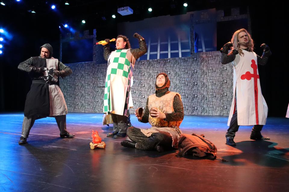 Matthew Aaron, left, Tanner Berry, Chase Cashion and Cason Day are featured in the Four Corners Musical Theatre Company production of "Monty Python's Spamalot!"