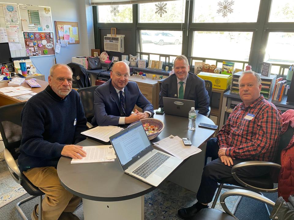 From left, Dighton Selectman Peter Caron; Town Administrator Michael Mullen; Dighton-Rehoboth School Superintendent William Runey; and Dighton-Rehoboth School Committee member Christopher Andrade are seen in this photo taken Jan. 11 at Dighton Elementary School.