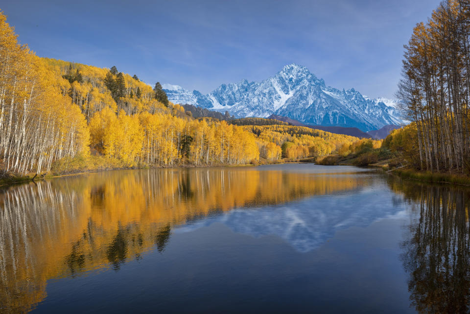 Fall colors and snow-capped mountains in Aspen.