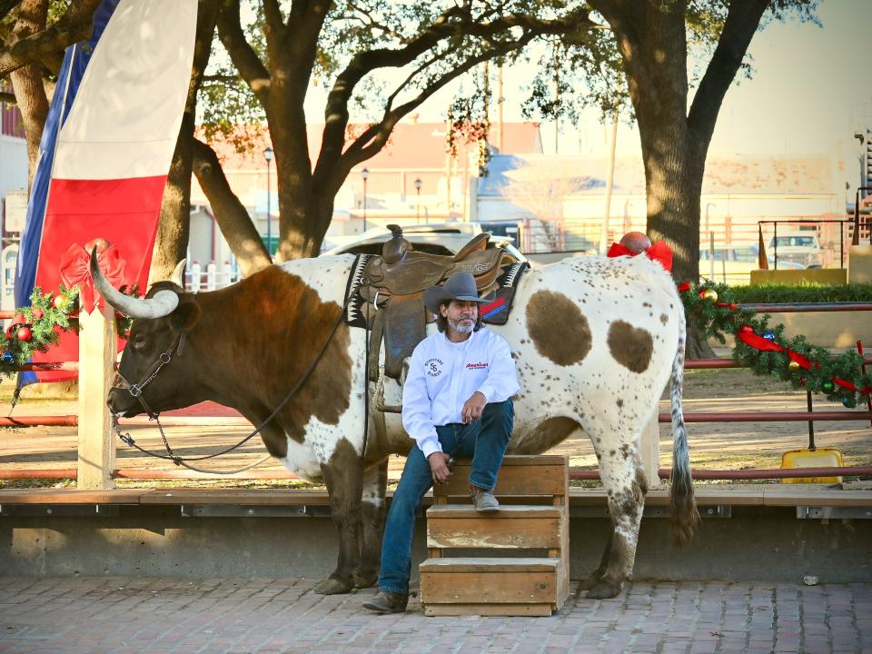 A drover, sitting down, posing for a photo in front of a steer.