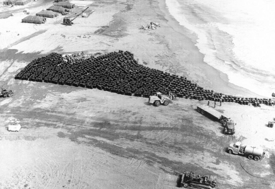 More than 1,000 sealed barrels containing radioactive soil near Palomares in Spain on March 18, 1966, where H-bombs fell and broke open. The soil is to be taken to the U.S., atomic energy commissions Burial Ground near Aiken, South Carolina, for disposition. (AP Photo)