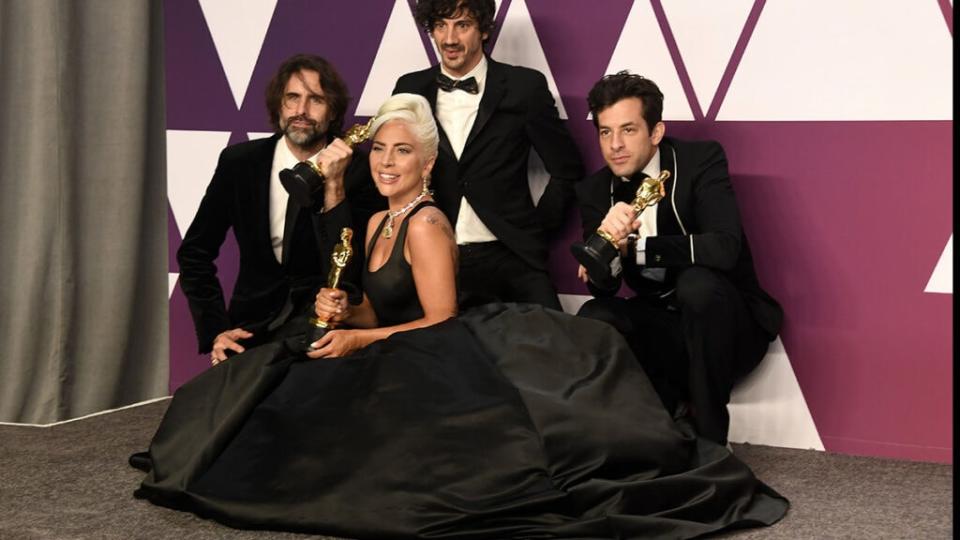 Andrew Wyatt, Anthony Rossomando, Lady Gaga, and Mark Ronson, winners of Best Original Song for "Shallow" from "A Star is Born," pose in the press room during the 91st Annual Academy Awards at Hollywood and Highland on February 24, 2019