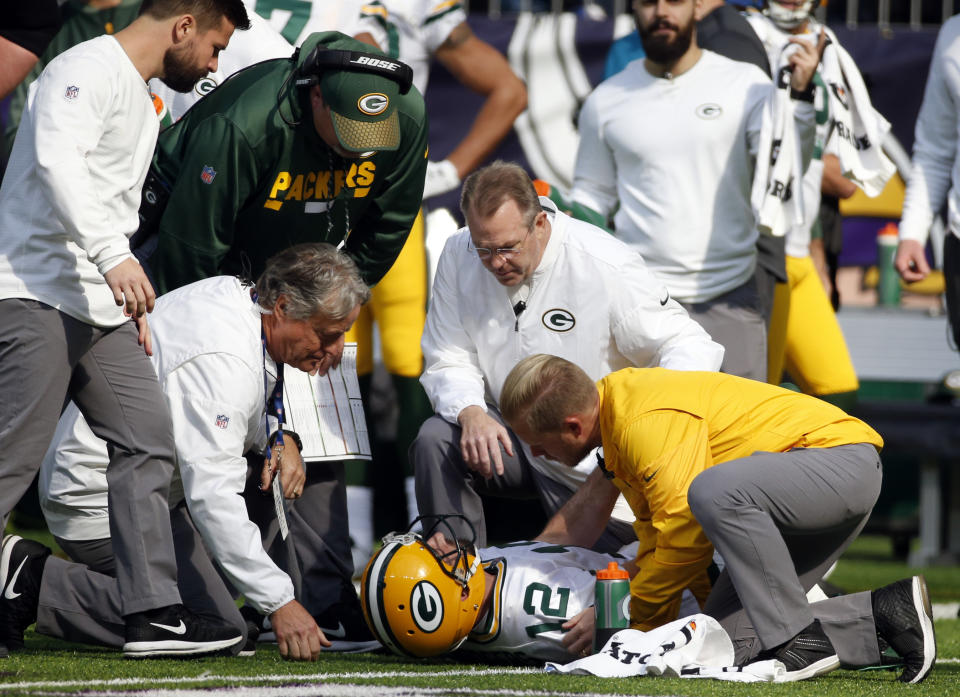 Aaron Rodgers' broken collarbone was the story of the Packers' season. (AP)