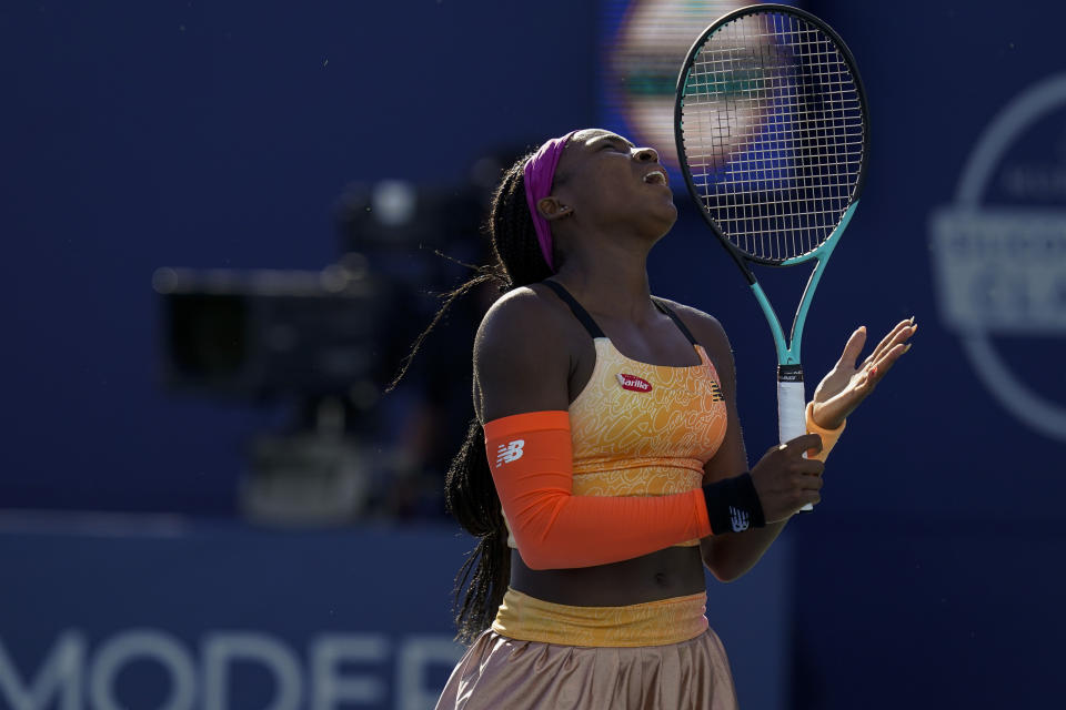 Coco Gauff, of the United States, reacts during a match Paula Badosa, of Spain, at the Mubadala Silicon Valley Classic tennis tournament in San Jose, Calif., Friday, Aug. 5, 2022. (AP Photo/Godofredo A. Vásquez)