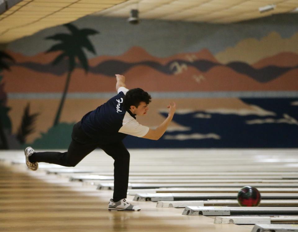 John Jay's Luis Fred bowls during the Section 1 bowling championships in Fishkill on February 14, 2023.