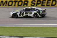 William Byron (24) rounds the track during the final laps of a NASCAR Cup Series auto race before winning on Sunday, March 5, 2023, in Las Vegas. (AP Photo/Ellen Schmidt)
