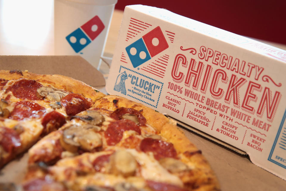 CHICAGO, IL - OCTOBER 12:  Domino's menu items are shown on October 12, 2017 in Chicago, Illinois. Shares of the restaurant chain fell 4 percent today despite reporting an increase of more than 8 percent in domestic same-store sales.  (Photo Illustration by Scott Olson/Getty Images)