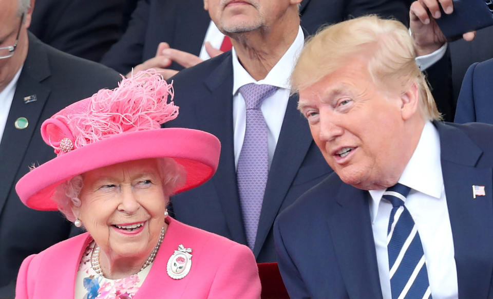 Britain's Queen Elizabeth II (L) and US President Donald Trump (R) talk in the royal box during an event to commemorate the 75th anniversary of the D-Day landings, in Portsmouth, southern England, on June 5, 2019. - US President Donald Trump, Queen Elizabeth II and 300 veterans are to gather on the south coast of England on Wednesday for a poignant ceremony marking the 75th anniversary of D-Day. Other world leaders will join them in Portsmouth for Britain's national event to commemorate the Allied invasion of the Normandy beaches in France -- one of the turning points of World War II. (Photo by Chris Jackson / POOL / AFP)        (Photo credit should read CHRIS JACKSON/AFP/Getty Images)