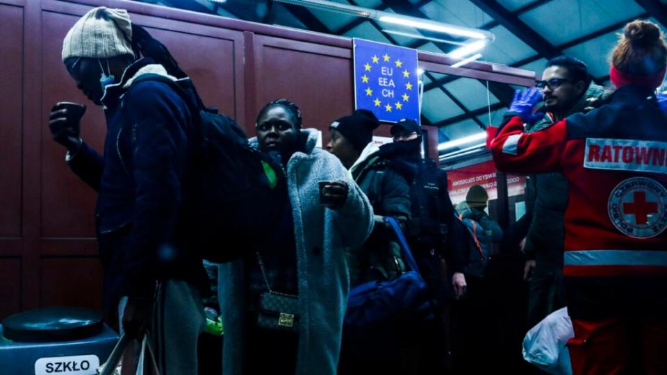 People arrive on a train from Ukraine at the main railway station due to ongoing Russian invasion on Ukraine. Przemysl, Poland on February 28, 2022. Russian invasion on Ukraine causes a mass exodus of refugees to Poland. (Photo by Beata Zawrzel/NurPhoto via Getty Images)