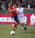 VANCOUVER, CANADA - JANUARY 27: Carol Sanchez #6 of Costa Rica and Amy LePeilbet #6 of the United States battle for the ball during the first half of semifinals action of the 2012 CONCACAF WomenÕs Olympic Qualifying Tournament at BC Place on January 27, 2012 in Vancouver, British Columbia, Canada. (Photo by Rich Lam/Getty Images)
