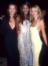 <p>Dressed in a strappy Calvin Klein gown, Moss posed alongside fellow members of the Big Six (considered the six most famous models of the '90s), pals Christy Turlington and Naomi Campbell, at the 1995 Met Gala in N.Y.C. </p>