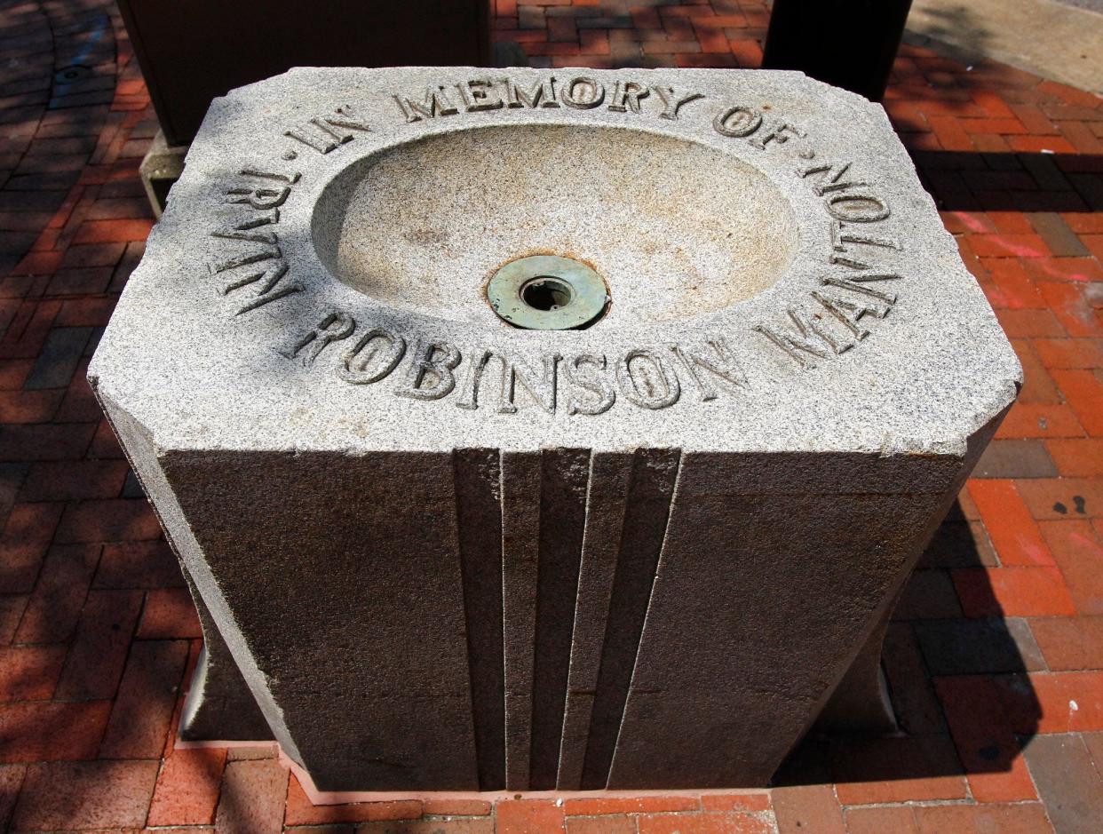 The Irvin Robinson Manton fountain is pictured in 2016 on South Main Street in downtown Akron. It has been moved to Perkins Stone Mansion on Copley Road.