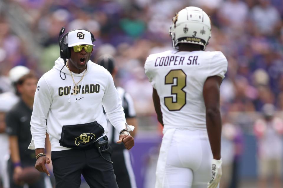 Colorado head coach Deon Sanders reacts after a play by cornerback Omarion Cooper in the second quarter against TCU.