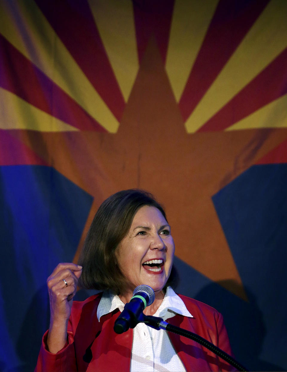 FILE - In this Nov. 6, 2018 file photo, Democrat Ann Kirkpatrick, candidate for Congressional District 2, gives a victory speech during the Pima County Democratic Party Election Night watch party in Tucson, Ariz. Kirkpatrick, a five-term Arizona Democrat, announced Friday, March 12, 2021, she won't run for reelection in 2022 (Mike Christy/Arizona Daily Star via AP, File)