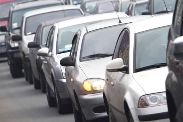 Morning traffic jam on a road in Kiev