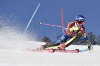 Mar 18, 2017; Aspen, CO, USA; Mikaela Shiffrin of the United States during the women's slalom alpine skiing race in the 2017 Audi FIS World Cup Finals at Aspen Mountain. Mandatory Credit: Michael Madrid-USA TODAY Sports